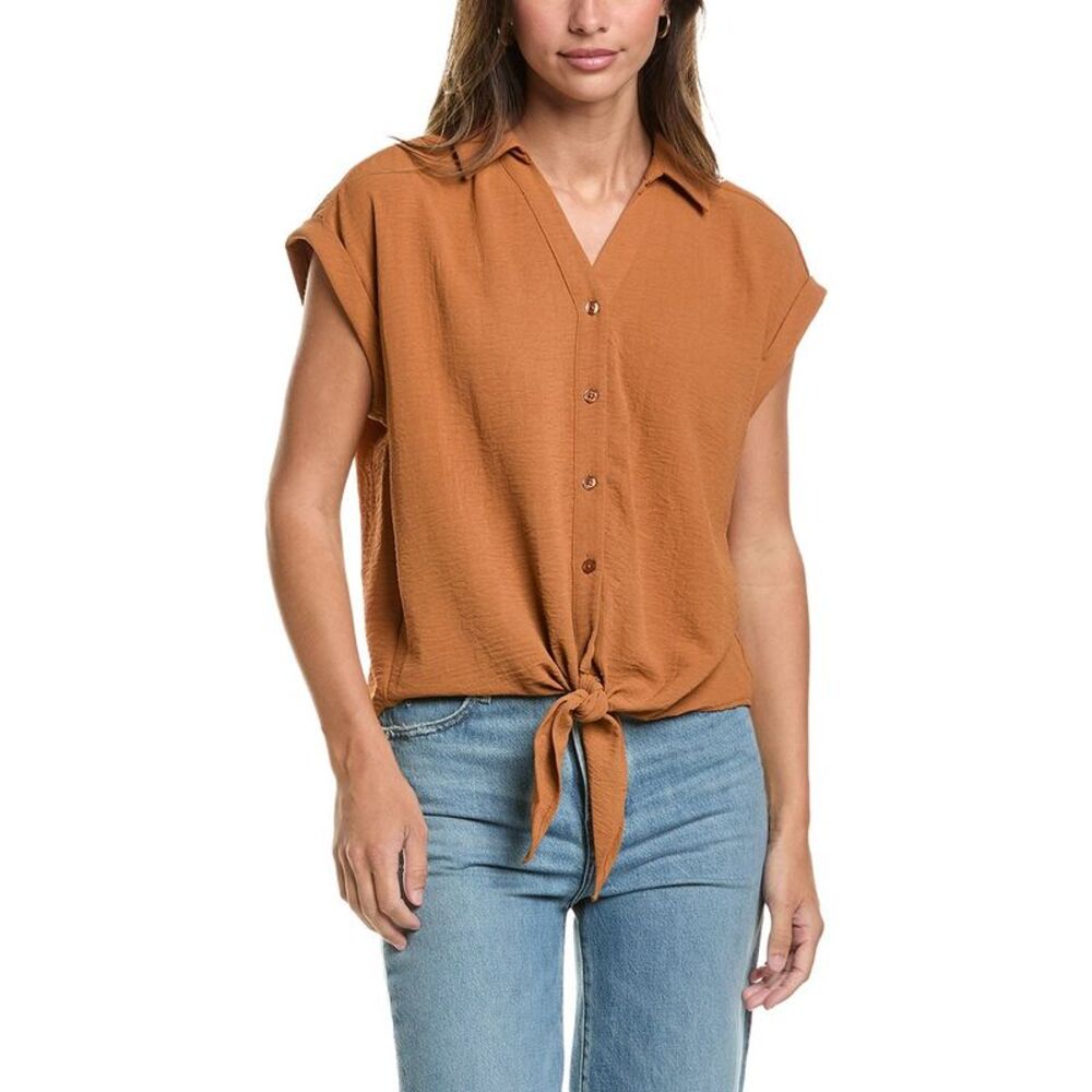 Adrianna Papell Womens Dropped Shoulder Button Down Blouse, Brown